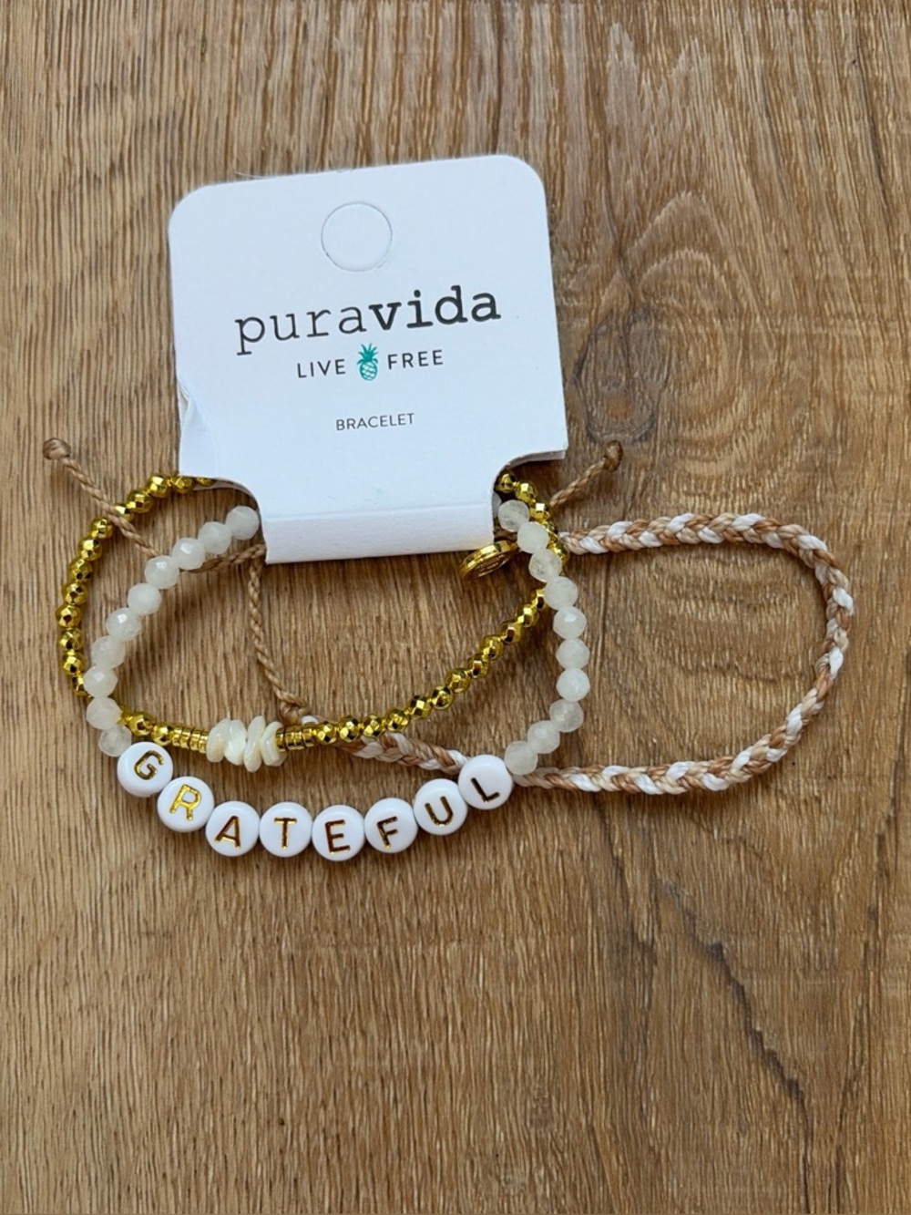 Pura Vida Beaded "GRATEFUL" Bracelet Set in White, Gold, Beige